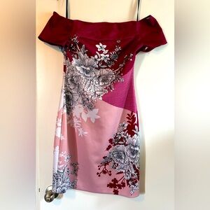 Guess Asymmetrical Red and Pink Sheath Dress with Flutter Sleeves